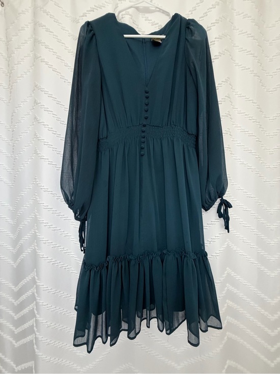 Taylor Dresses & Skirts - Taylor Teal V-Neck Long Sleeve Button Dress with Ruffle Hem
